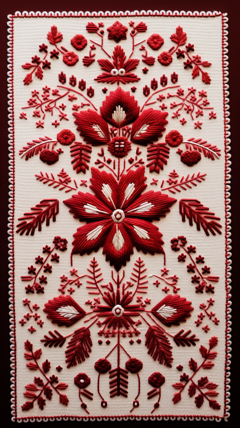 Intricate red and white Bulgarian embroidery motif