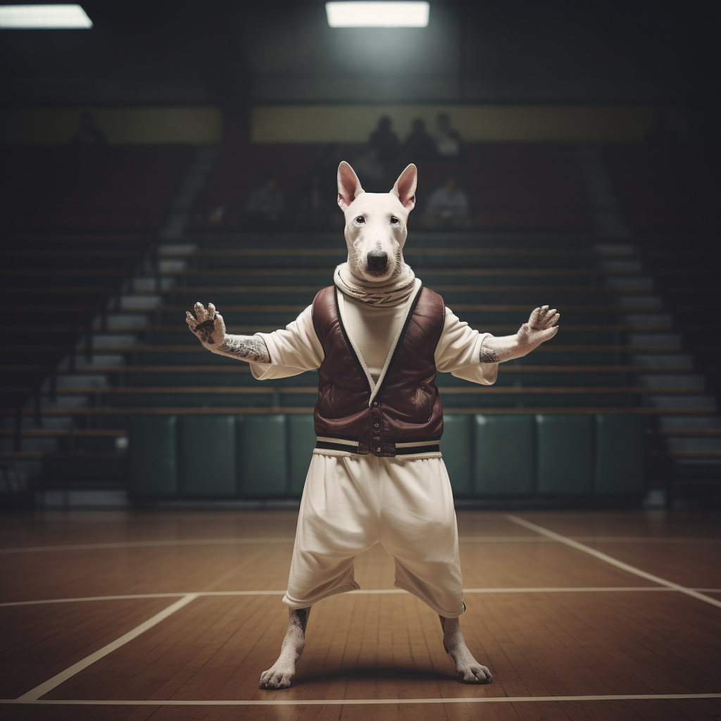 Bull Terrier in Basketball Jersey Pose