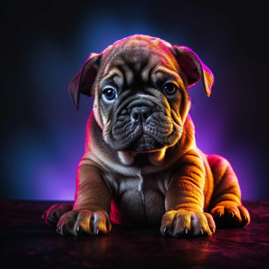 Bulldog puppy in neon lights