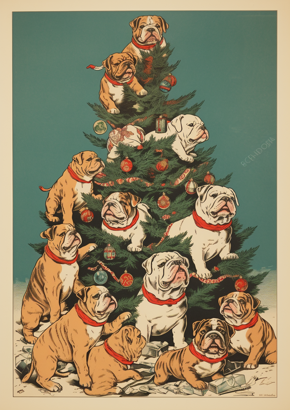 Bulldogs playing around a Christmas tree