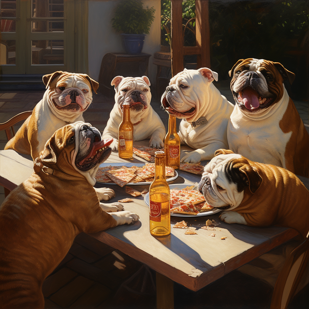 Bulldogs enjoying pizza and beer