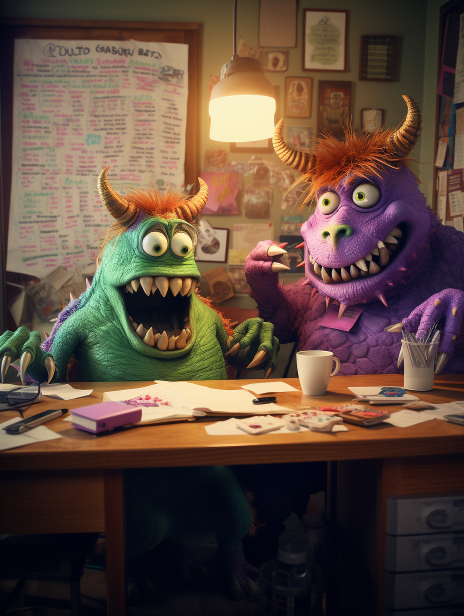 Two purple demons looking at chaotic bulletin board