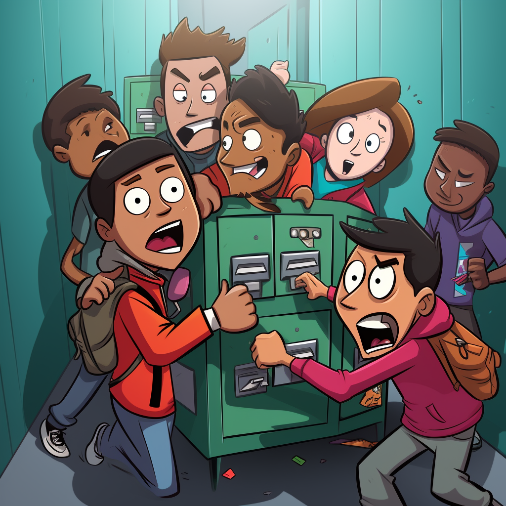 Bullies pushing kid into locker cartoon