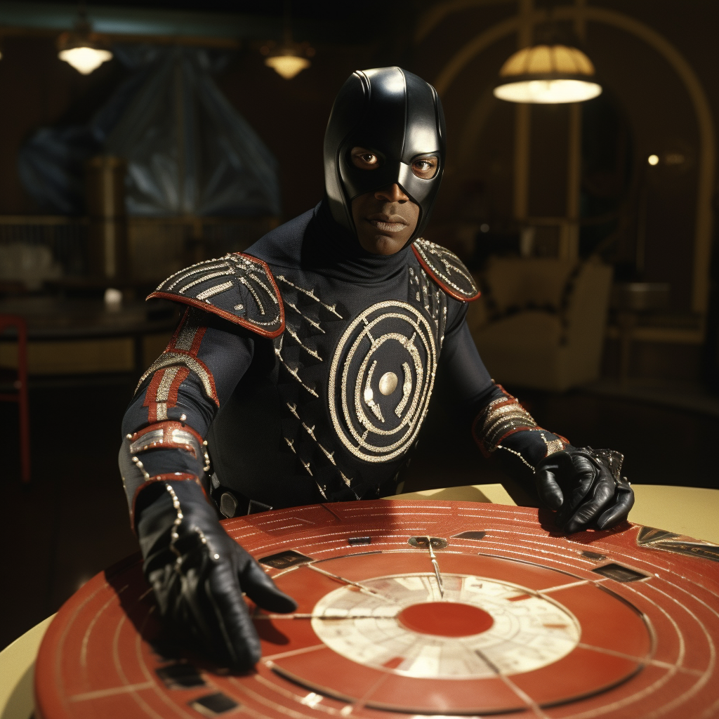 Caucasian actor playing Bullseye in black superhero outfit