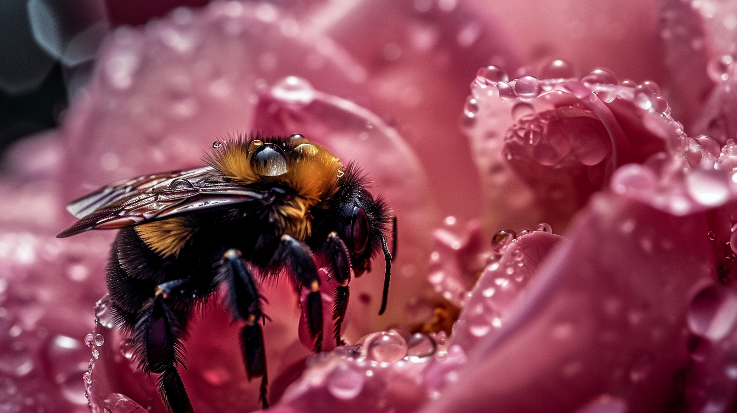 Bumblebee on Rose Petal in Rain