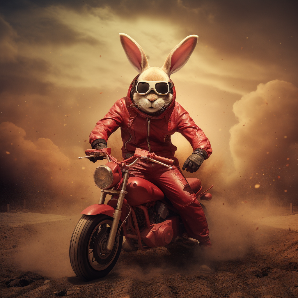 Man in bunny suit on red motorcycle