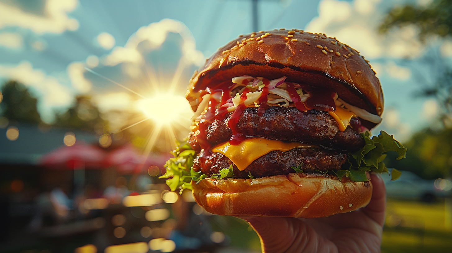 Burger with colorful sleeve in hand