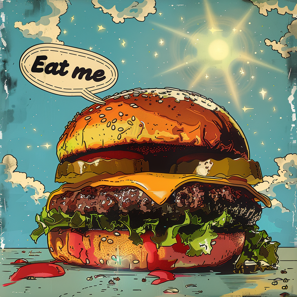 Burger icon with  Eat me  speech bubble