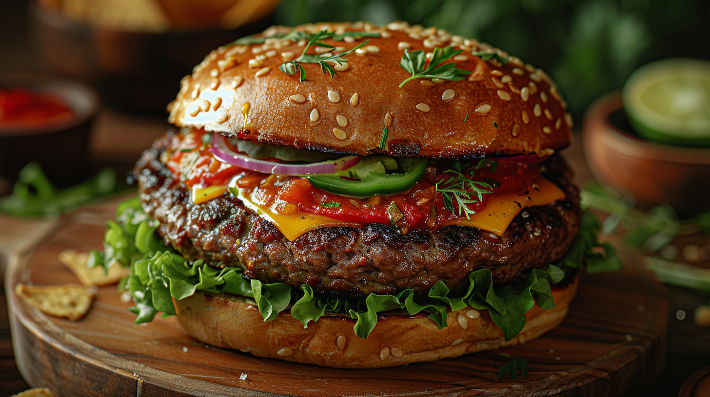 Burger on wooden board with delicious ingredients