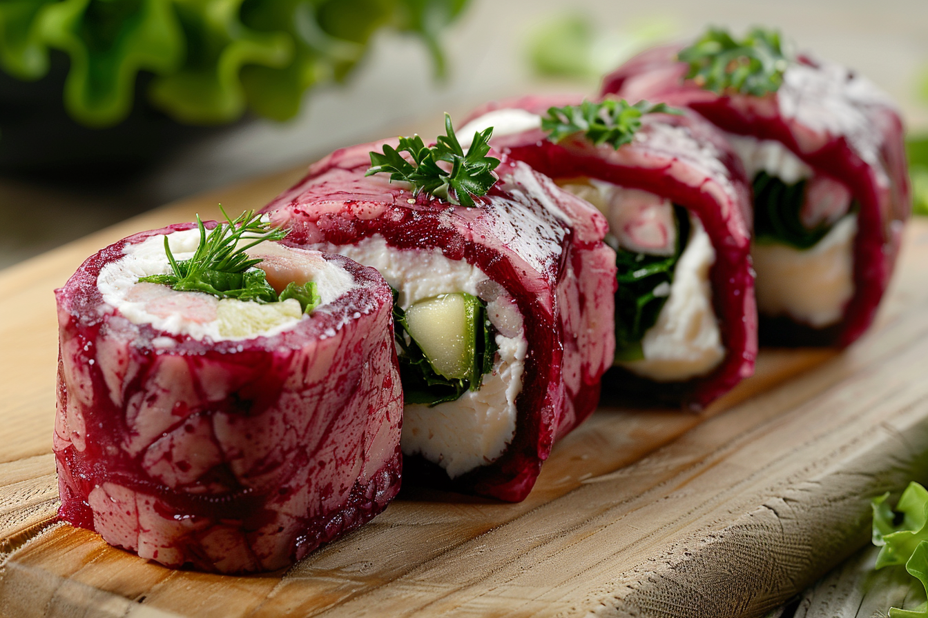 Tasty burgundy biscuit roll with cream cheese