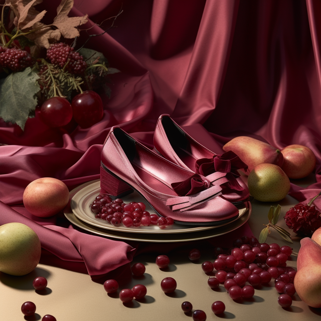 Burgundy Satin Ballet Flats with Ribbons and Fruits