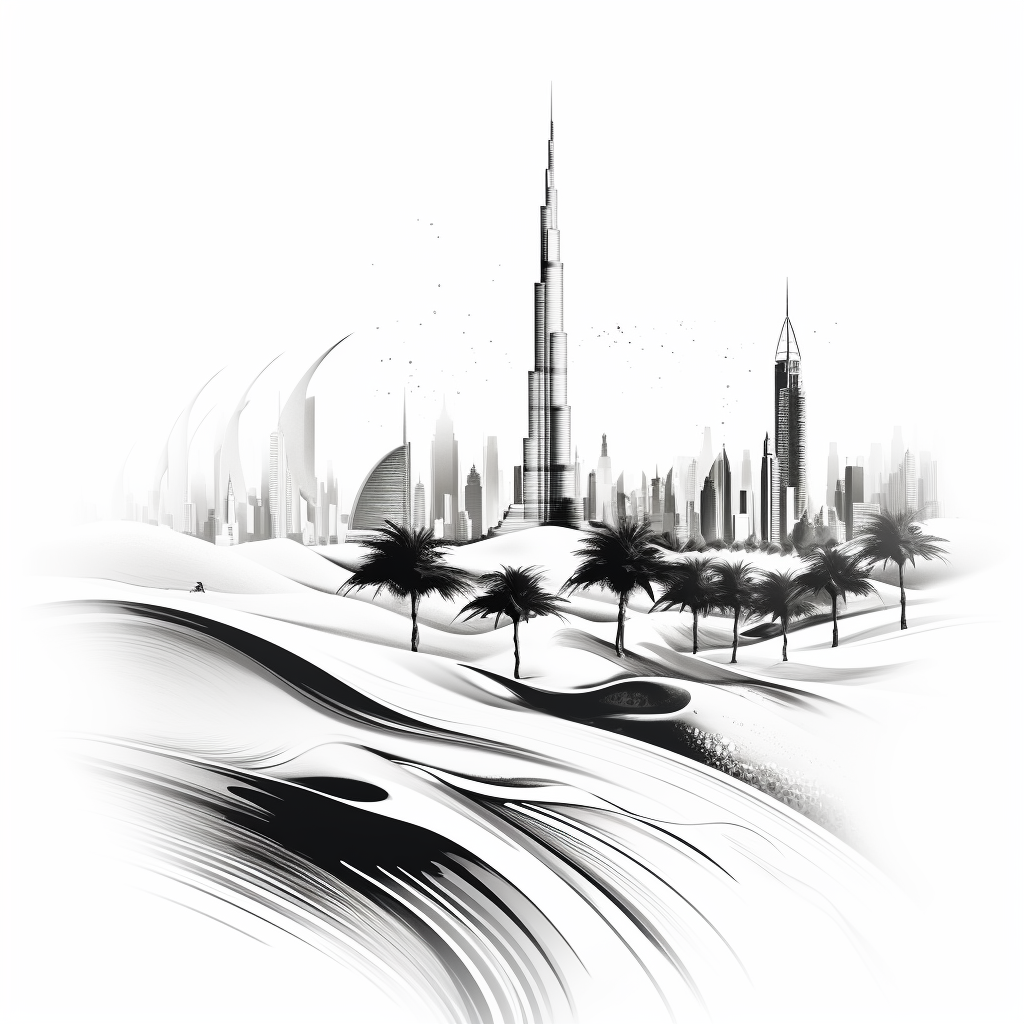 Burj Khalifa in black and white with dunes and logo