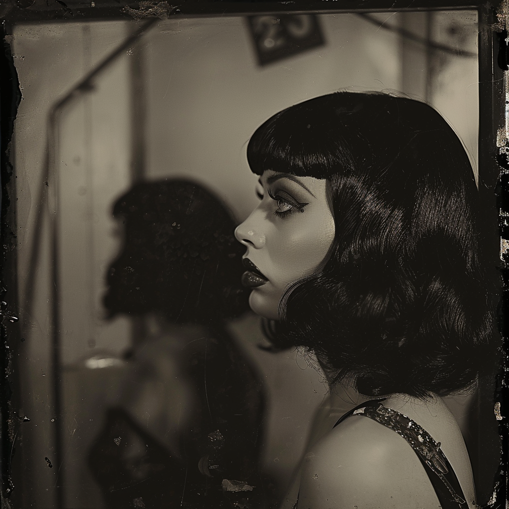 Burlesque girl with black hair in dressing room