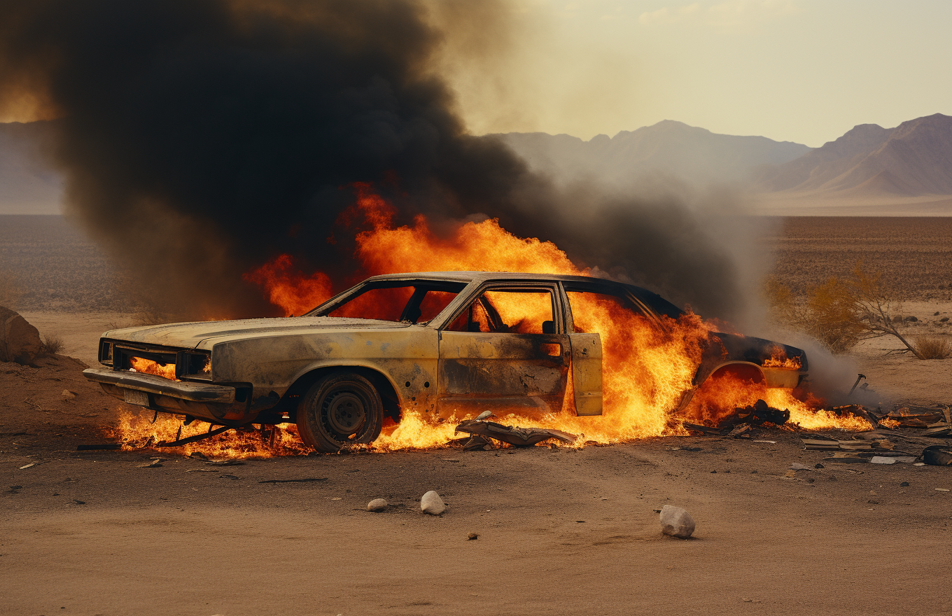 Burned car in desert with flames