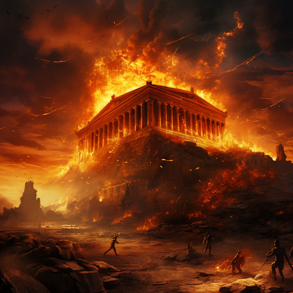 Massive angry gods above burning Arthemis Temple