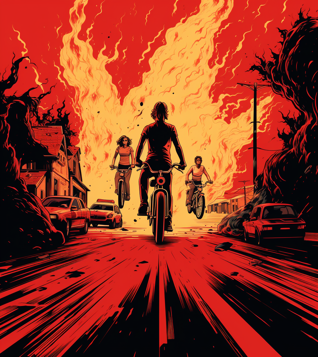 Burning bike with two people on fire