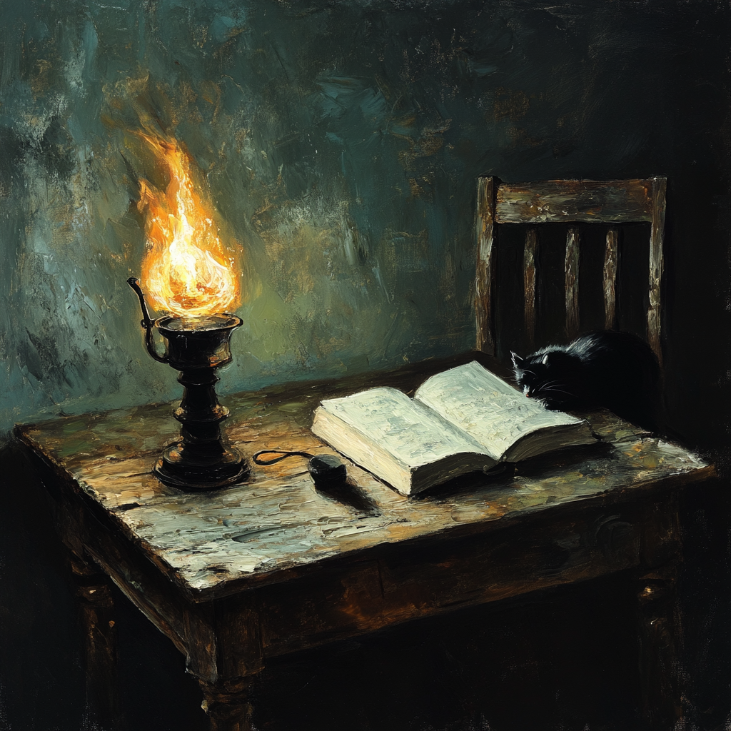 Lamp, Book, Cat, Table Painting