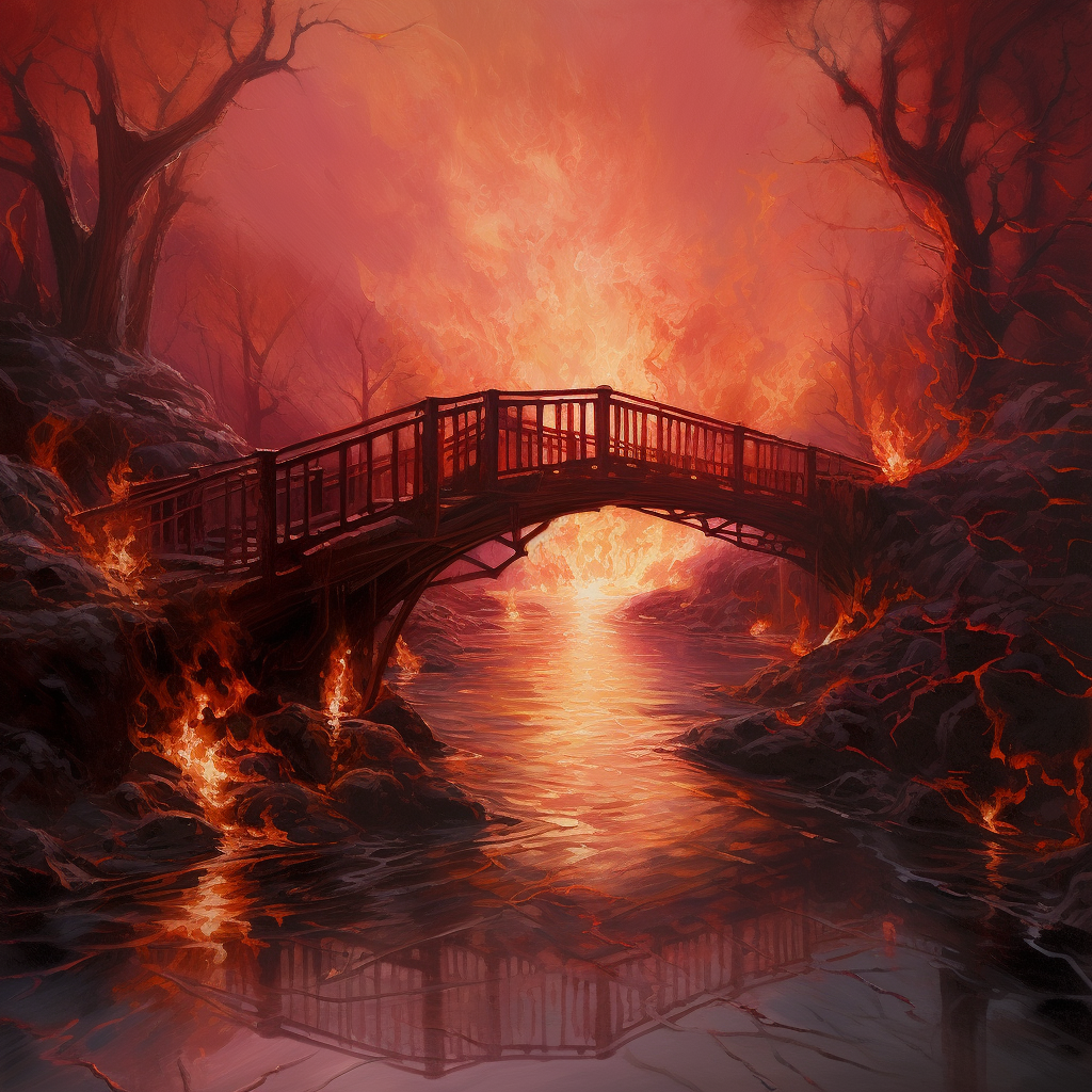 Symbolic bright red burning bridges