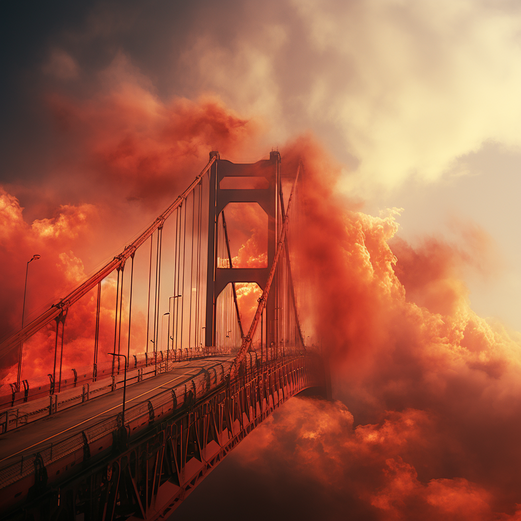 Bright red symbolic bridge on fire