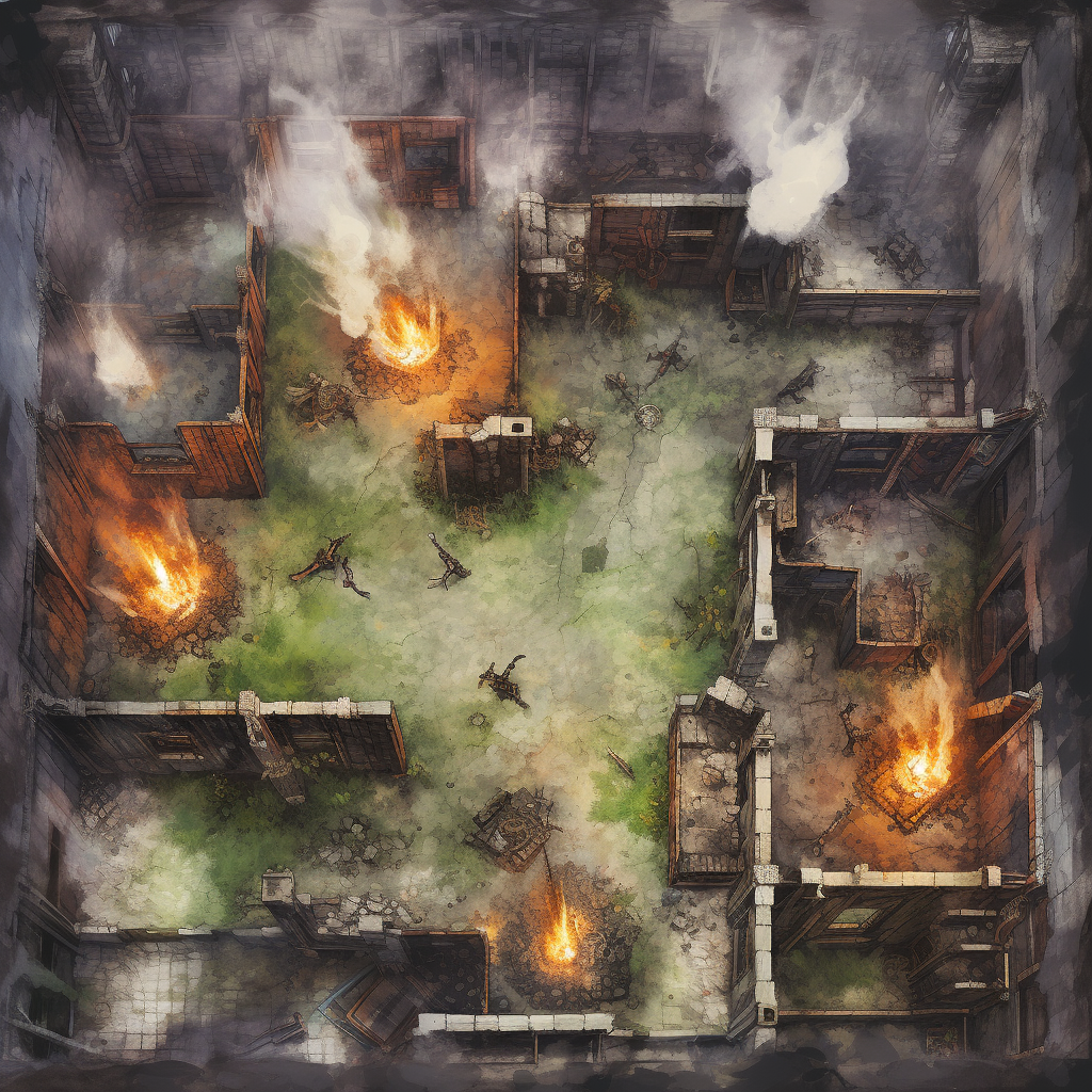 Tactical Battlemap with Burning Building and Ruined Windows