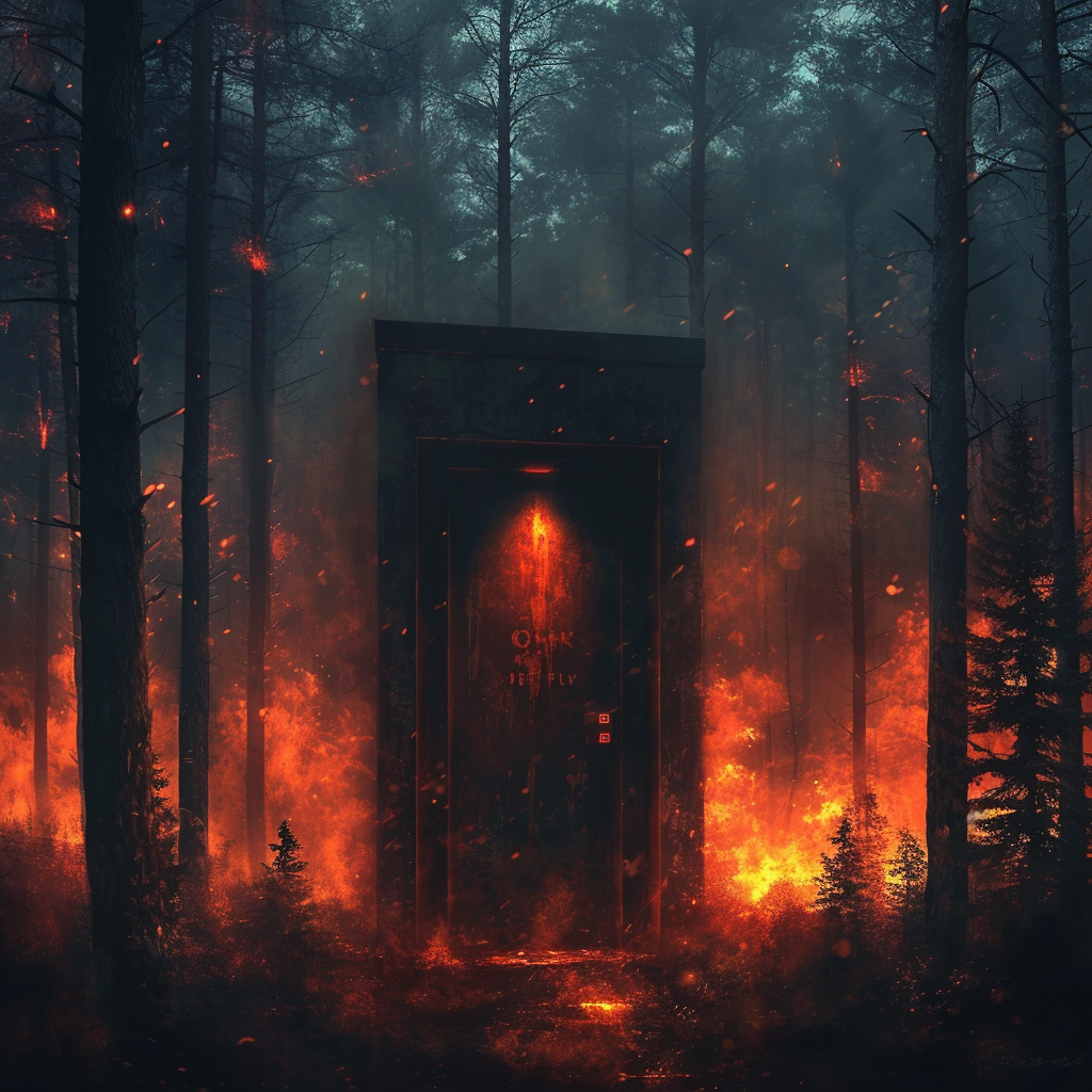 Burning forest with eerie elevator cabin