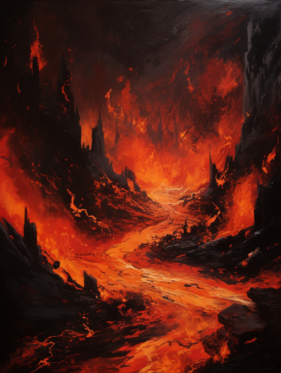 Bold brush stroke acrylic painting of a lava-filled forge