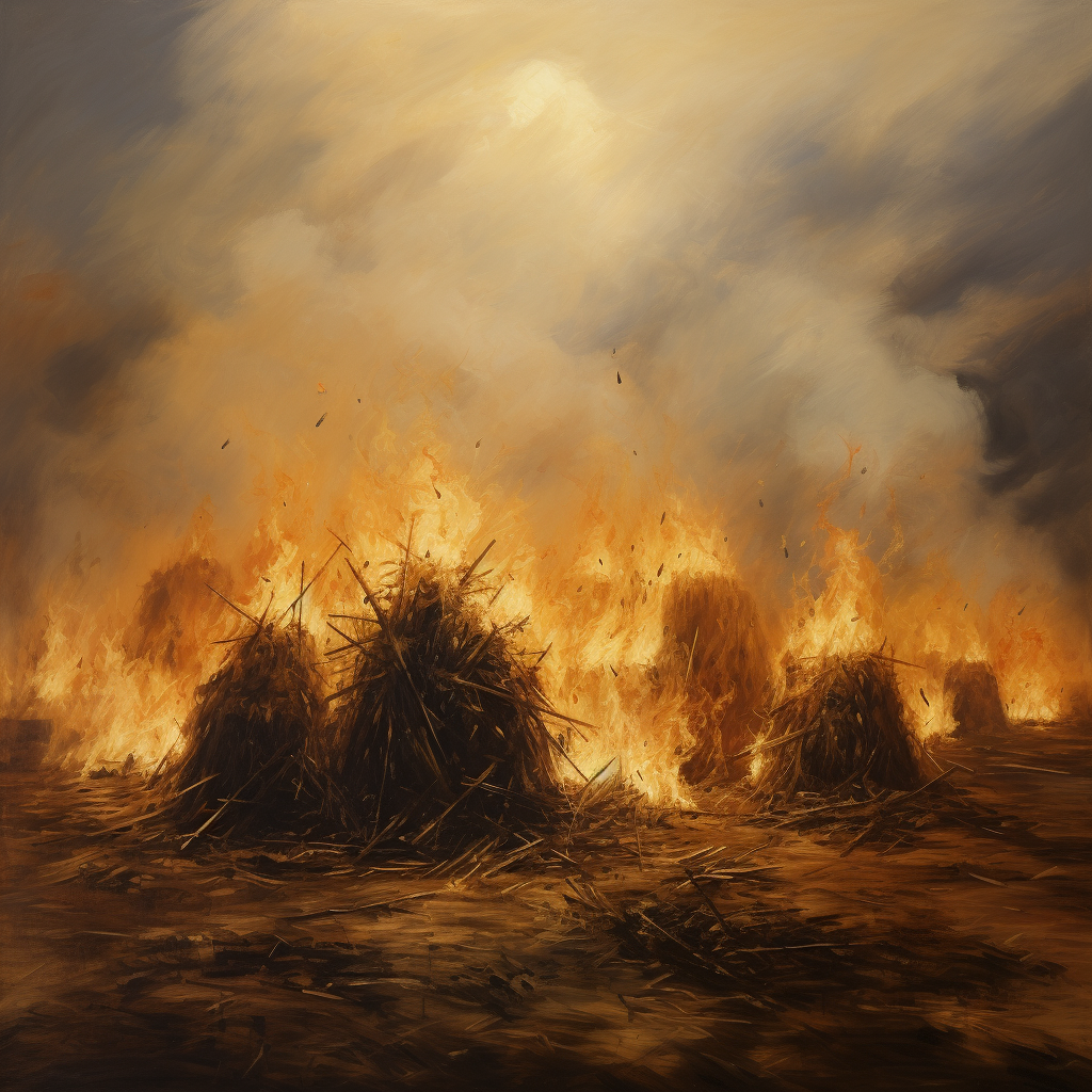 Fiery scene with burning haystacks