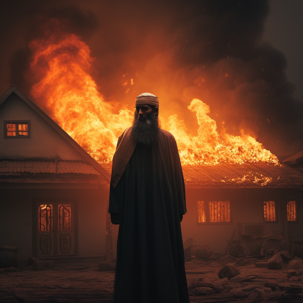 Islamic man in front of burning house