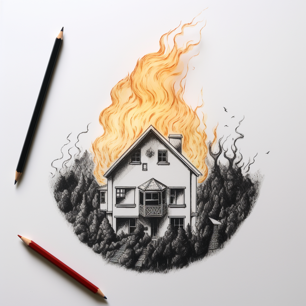 Minimalistic pencil art of burning house