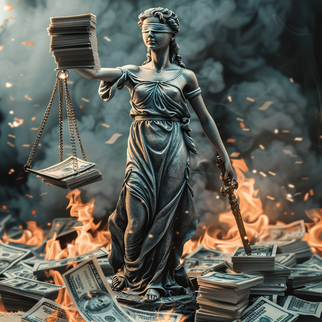 Burning blind justice statue money