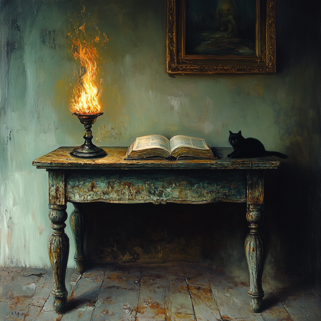 Burning lamp and open book on table