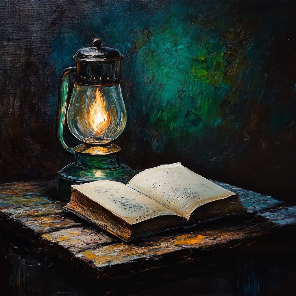 Oil painting of burning lamp on open book