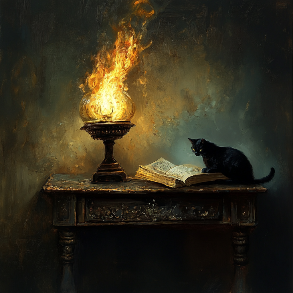 Oil painting of burning lamp and open book