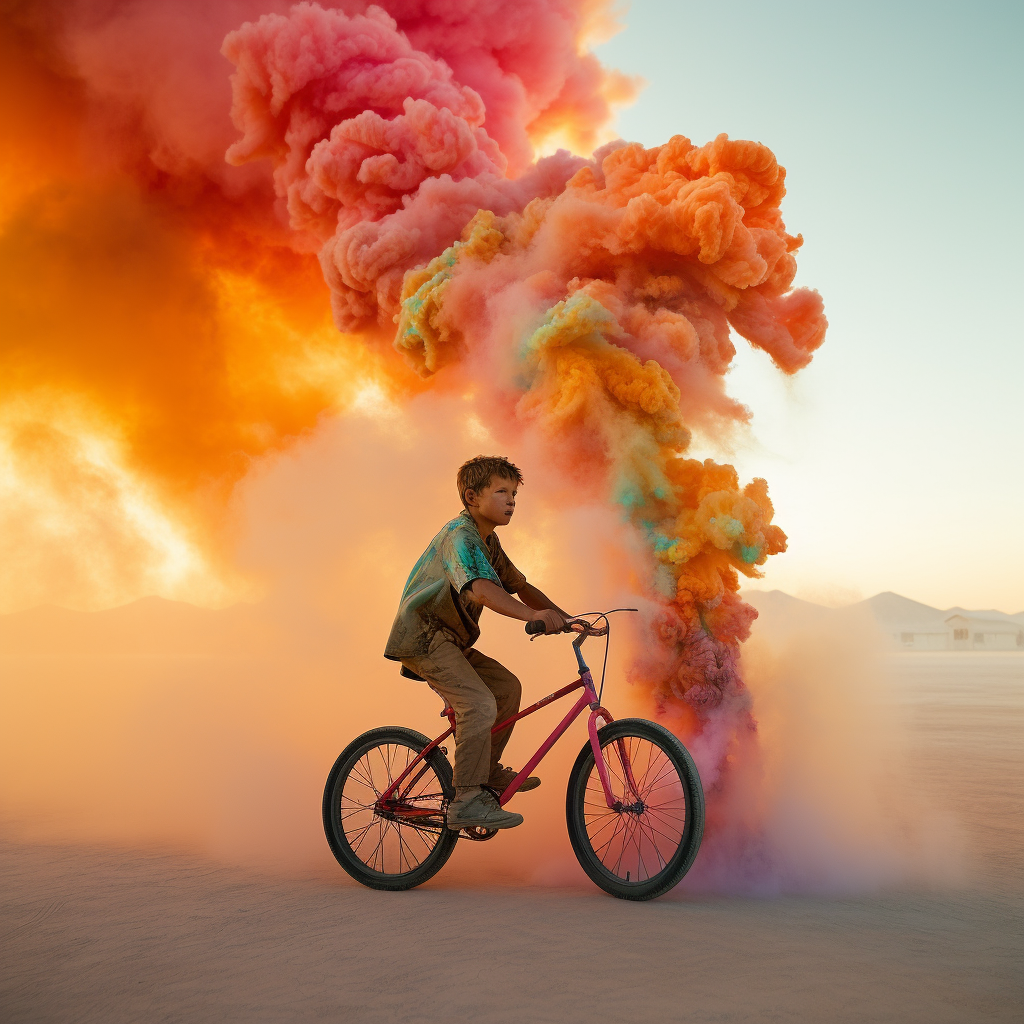 Kids having fun with colourful smoke at Burning Man