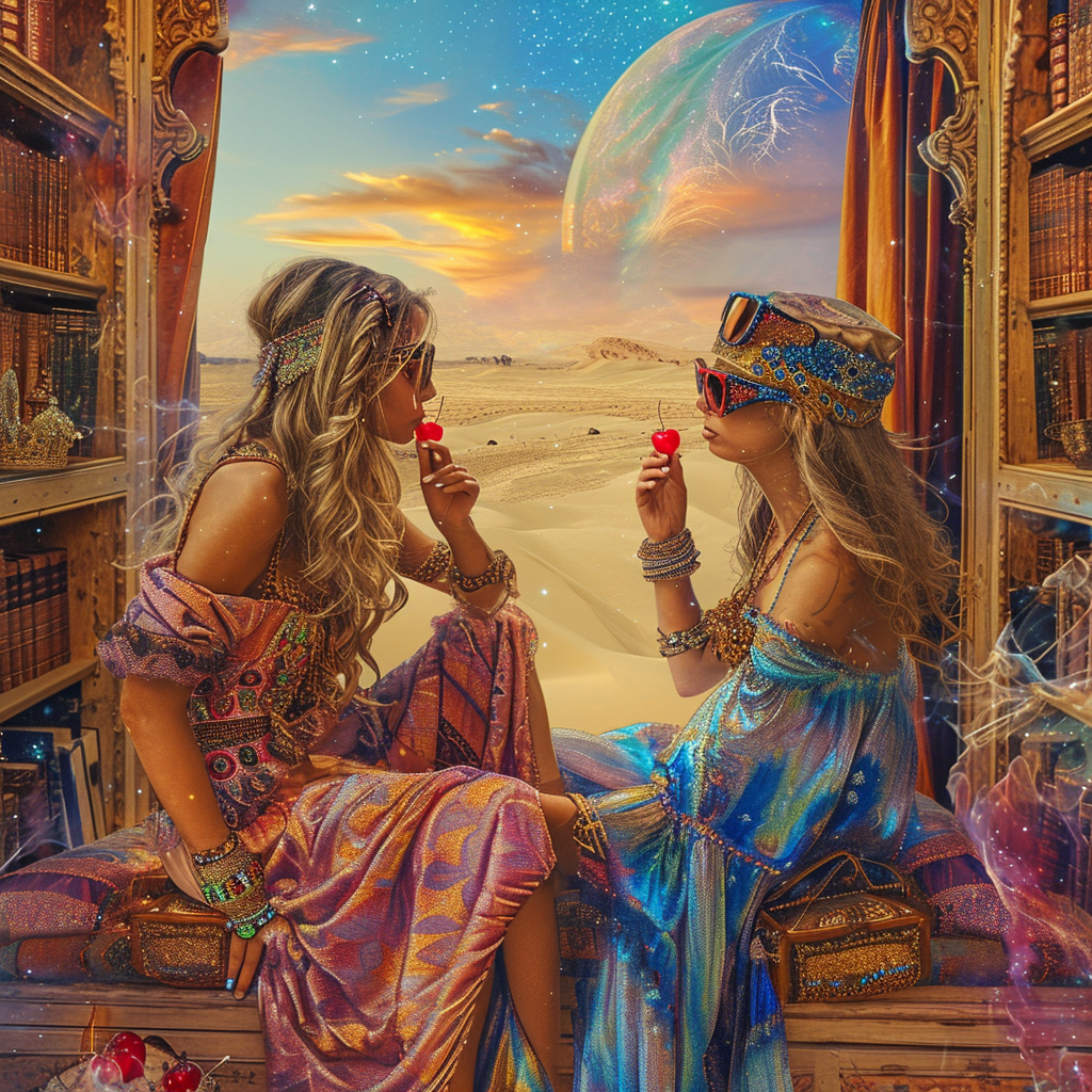 Two girls in Burning Man clothing in desert library mirage