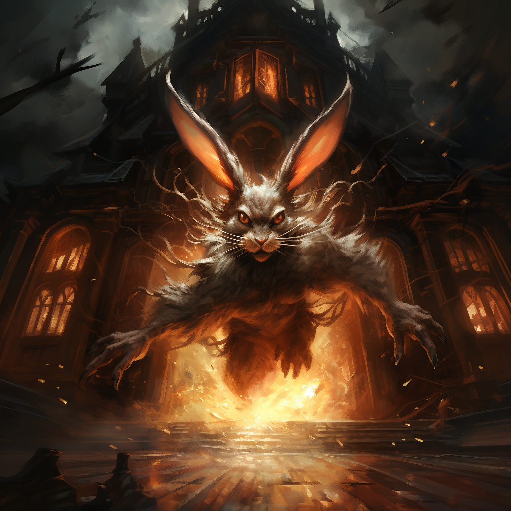 Bunny charging out of burning mansion