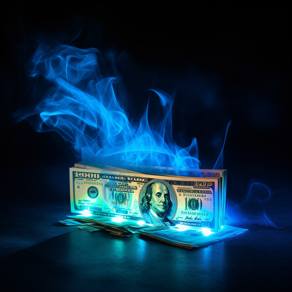 Hologram of burning money in blue atmosphere