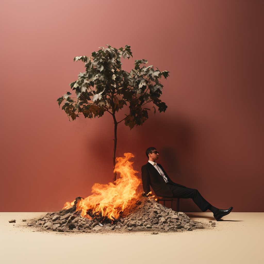 Minimal art of person lying under burning money tree