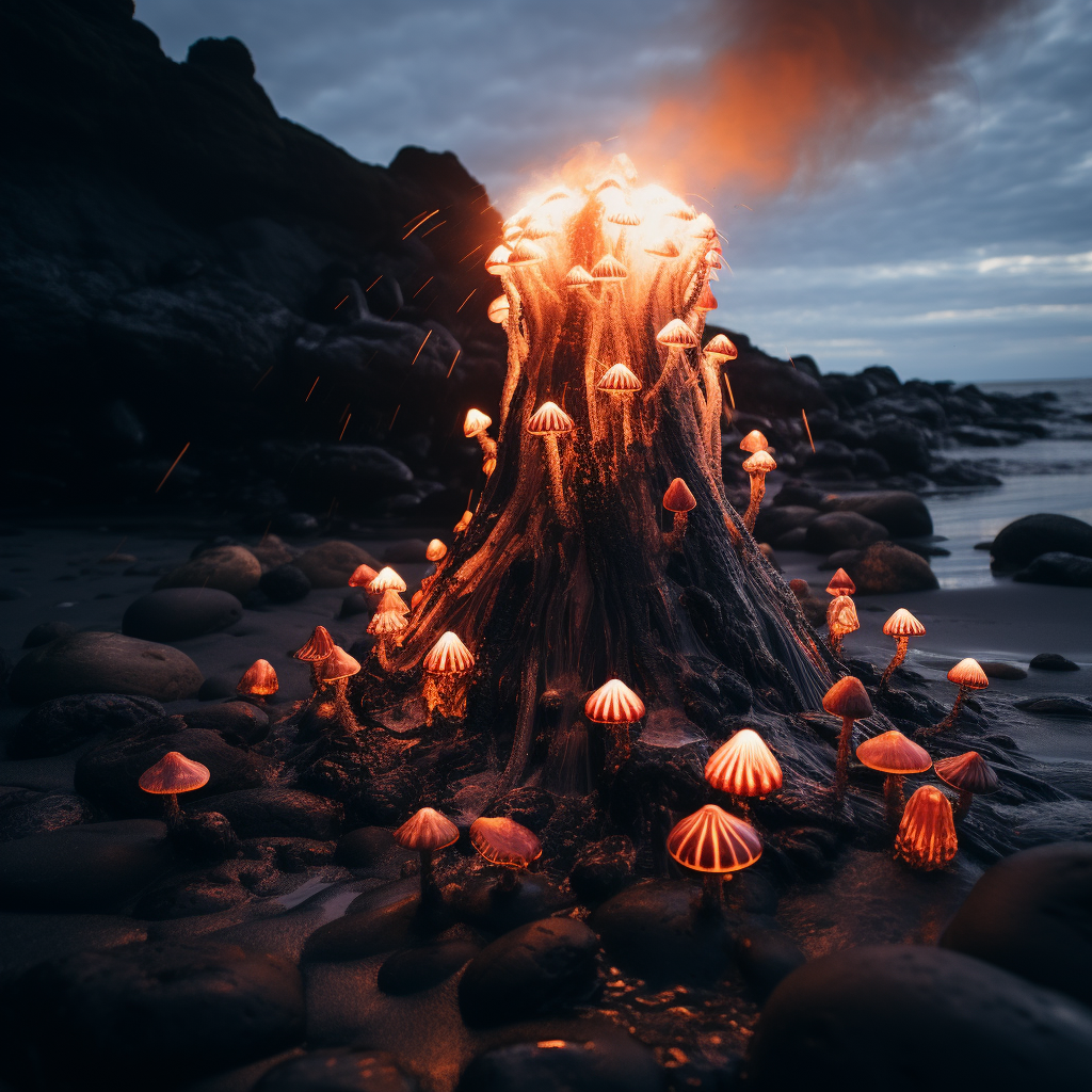 Mesmerizing bonfire of burning mushrooms