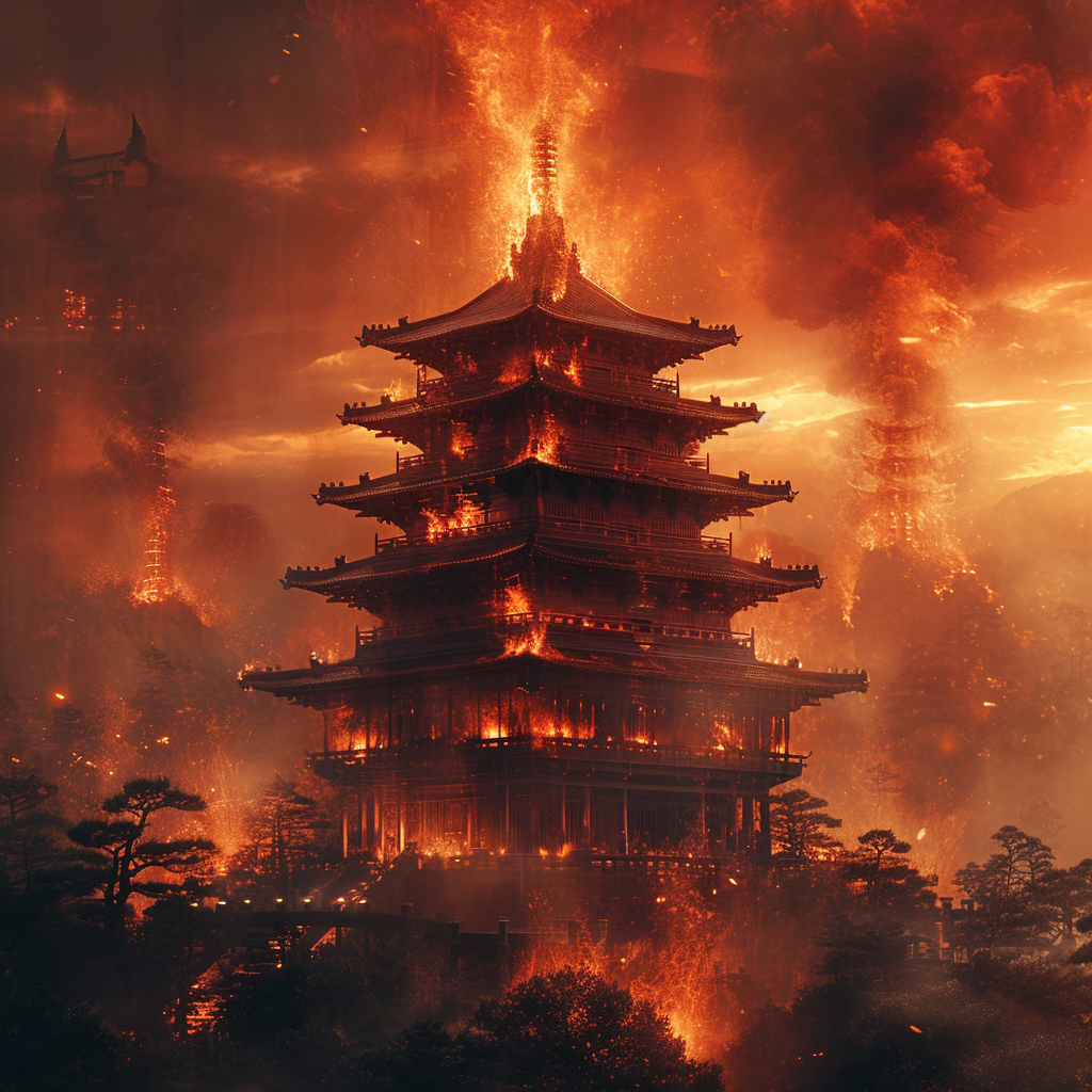 Burning Pagoda on Fire Surreal