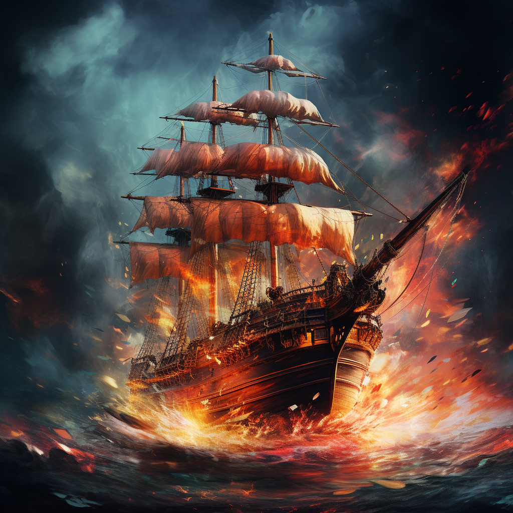 Burning ship with cardinal sail in realistic vintage style