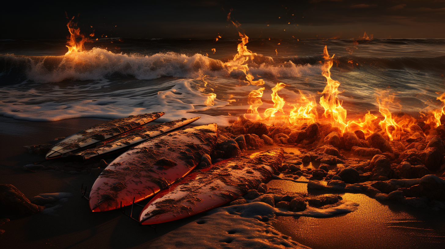 Burning surfboards on stormy beach