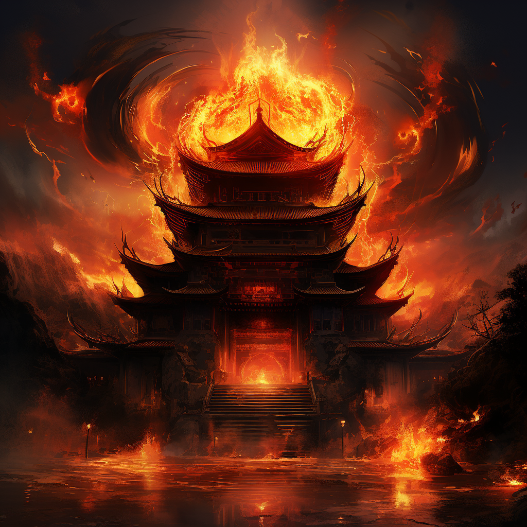 Fantasy art of a burning temple