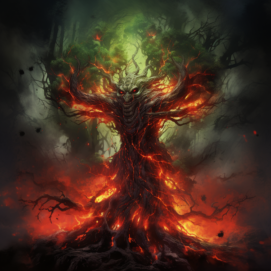 Burning Tree Elemental in Red Green Fantasy Horror