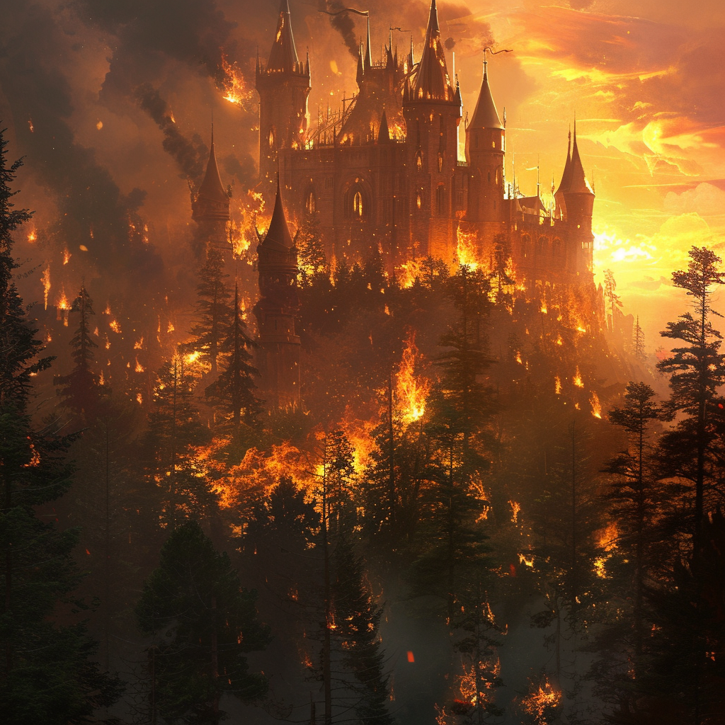 Burning trees near giant castle