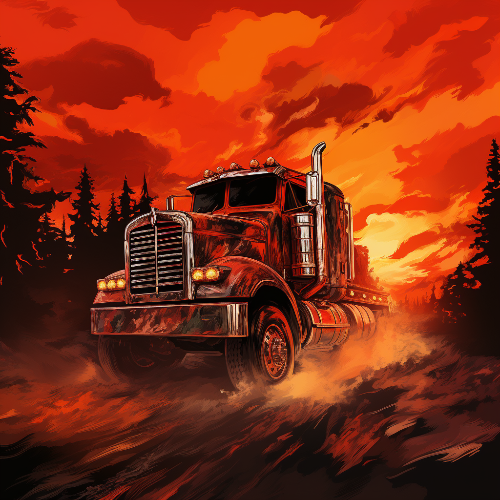 Burning truck with red skies