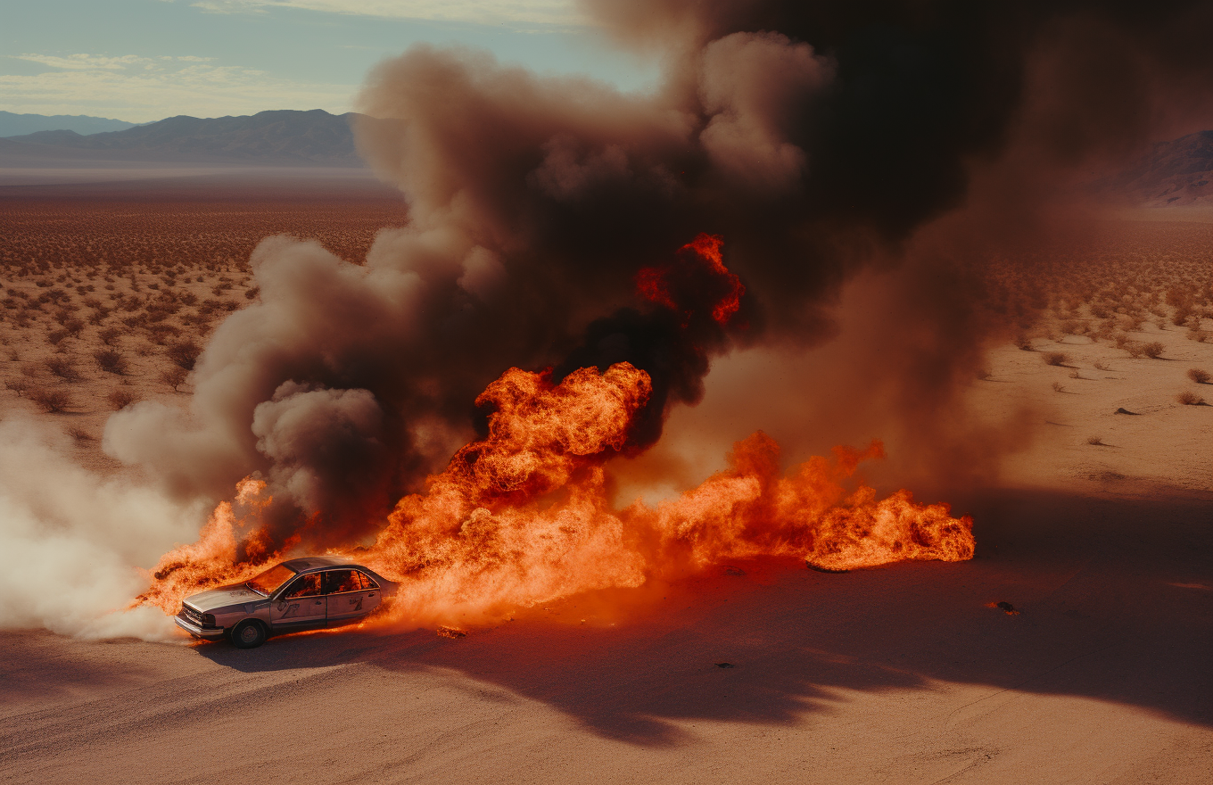 Burning vehicle in desert activism aerial