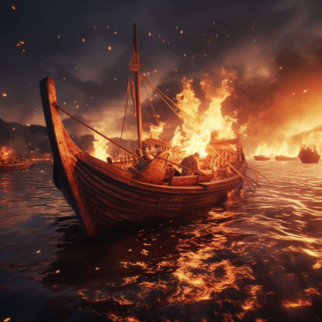 Burning Viking Boat on Sea