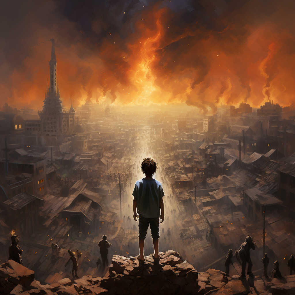 Young boy standing above burning city chaos