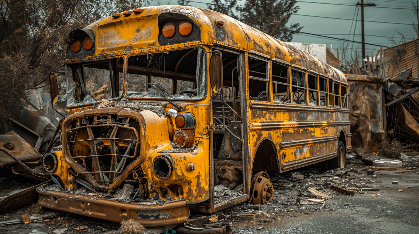 Burnt School Bus Tank Fireman Truck Yellow Bus Pump